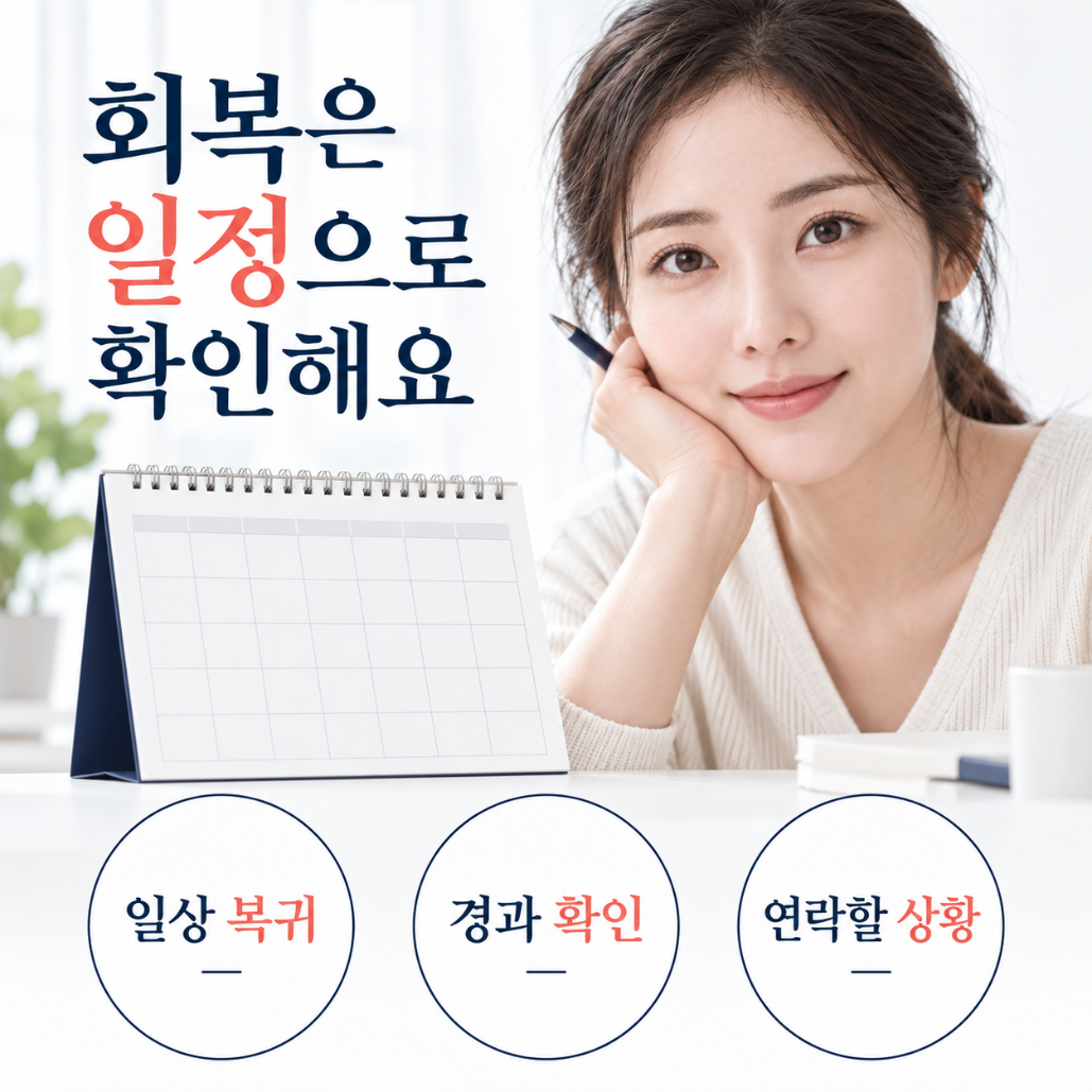 일상 복귀와 경과 확인, 연락할 상황을 확인하는 회복 일정