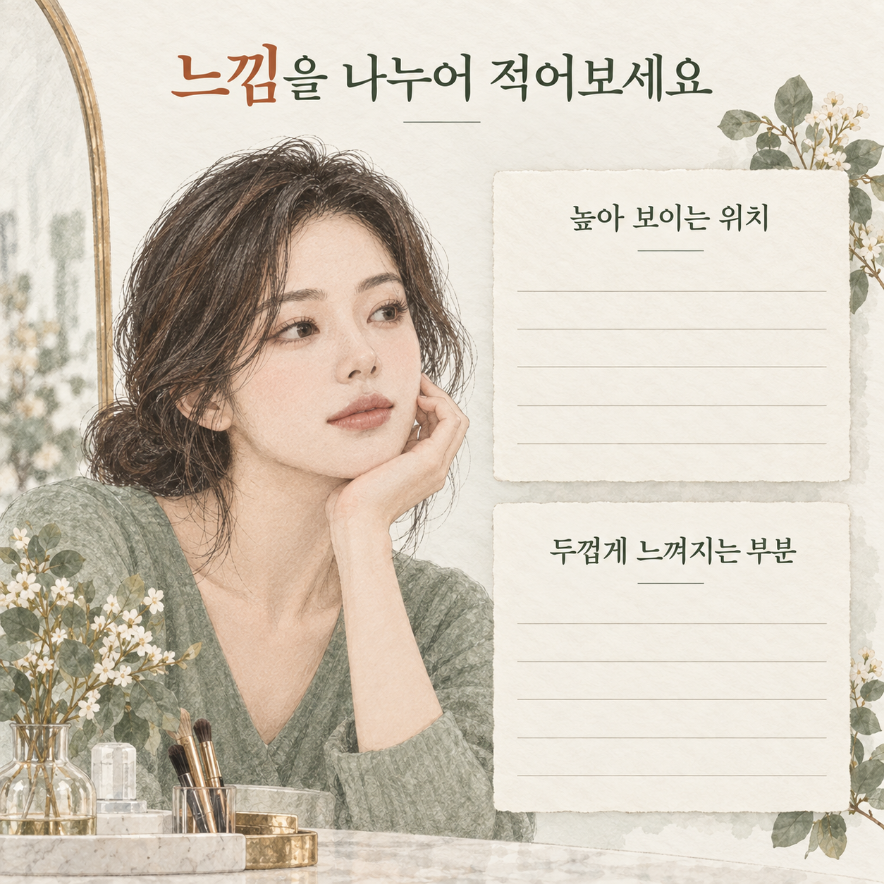 높아 보이는 위치와 두껍게 느껴지는 부분을 나누어 적는 메모