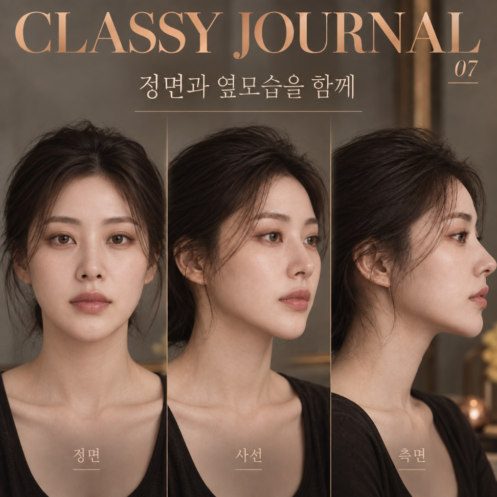 같은 인물의 정면과 사선, 측면을 함께 살펴보는 구도