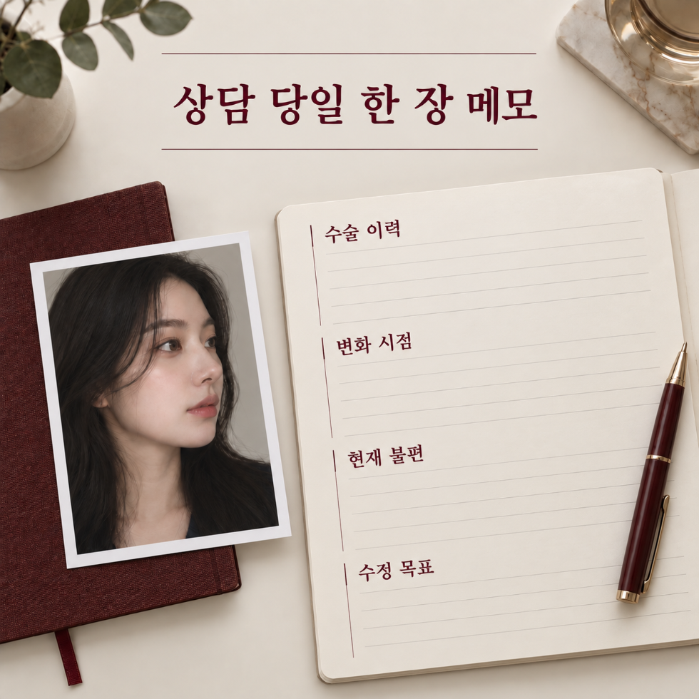 수술 이력과 변화 시점, 현재 불편, 수정 목표를 적는 메모