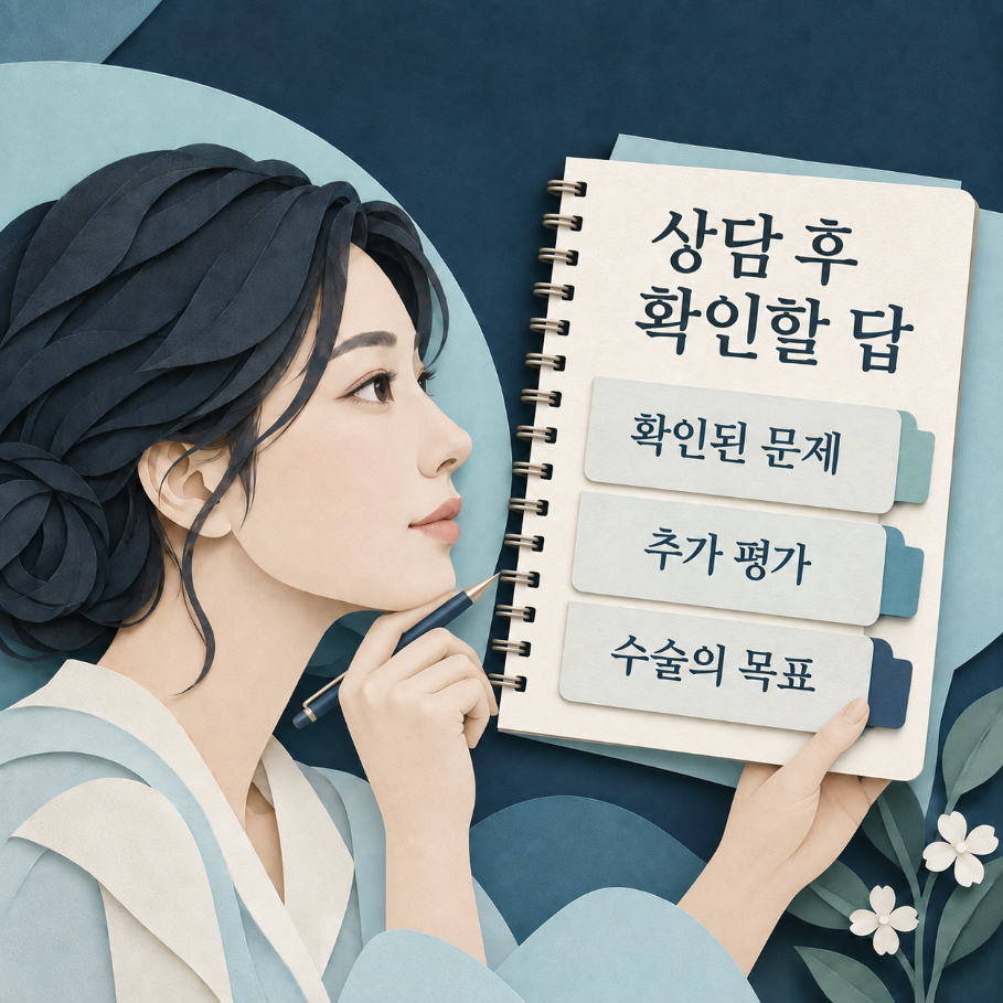 확인된 문제와 추가 평가, 수술 목표를 정리하는 상담 노트